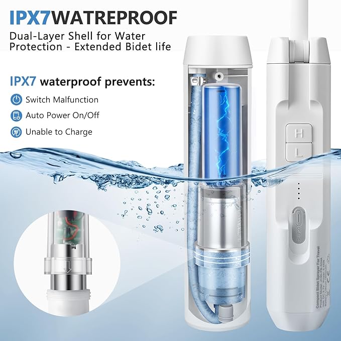 Portable Bidet for Home & Hotel use, Travel Bidet with Adjustable High Pressure & Flush Angle, IPX7 Waterproof, 1600mAh Electric Bidet for Women & Men with 2.5L Reservoir