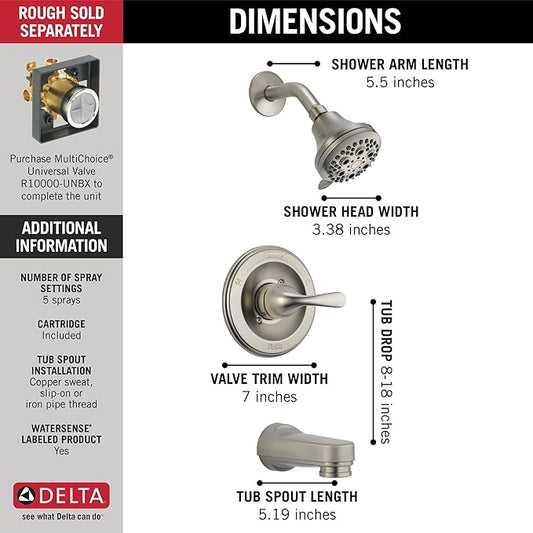 Delta Classic 13 Series 5-Setting Bathtub and Shower Faucet Set, Brushed Nickel Shower Head and Handle Set, Valve Trim Kit, Stainless T13220-SSPD (Valve Not Included)
