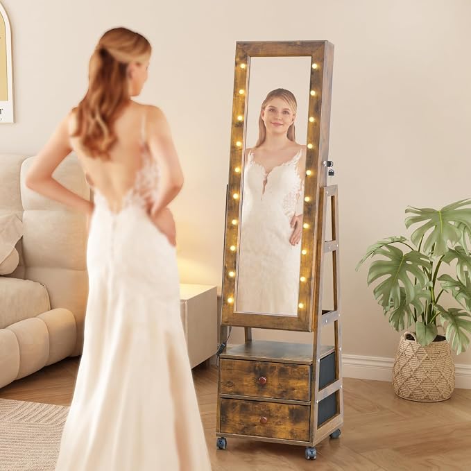 Full Length Mirror with Storage Shelves Jewelry Armoire Cabinet | Organizer Standing with 20 LED Lights Lockable and 2 Drawers (Rustic Brown) Adjustable Tilt Angles Gift for Her