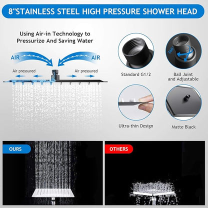 Shower Head Combo, 8 Inch High Pressure Rain with 11 Inch Adjustable Extension Arm and 5 Settings Handheld, Powerful Spray Against Low Water Pressure- Matte Black