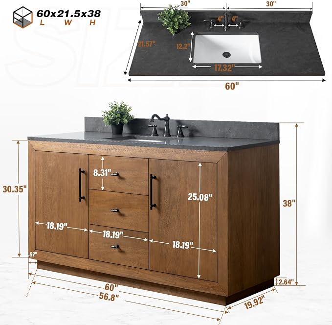 Vanity Art 60 inch Bathroom Vanity with Single Sink, Modern Wood Bath Vanity with Black Carrara Marble Top, Vanity Cabinet with Doors， Removable Shelf, Solid Wood Frame, Tan, VA7060B