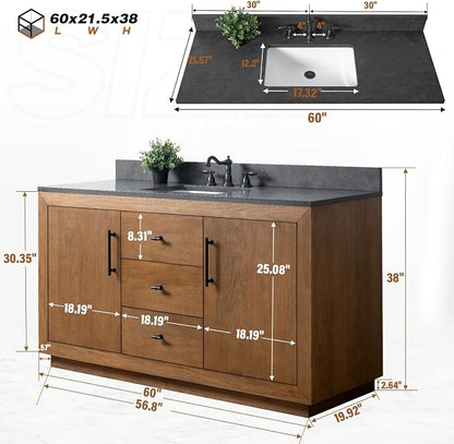 Vanity Art 60 inch Bathroom Vanity with Single Sink, Modern Wood Bath Vanity with Black Carrara Marble Top, Vanity Cabinet with Doors， Removable Shelf, Solid Wood Frame, Tan, VA7060B