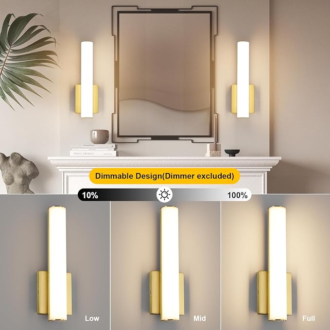 15.7 Inches Modern Bathroom Led Wall Sconces,18W 3000K Hardwired Wall Light with White Acrylic Lampshade,Indoor Bathroom Vanity Light for Mirror Bedroom Living Room Hallway(Gold,2Pack)