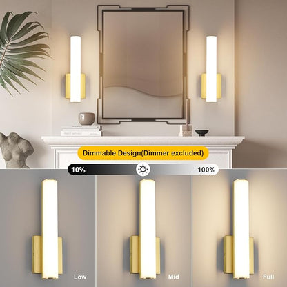 15.7 Inches Modern Bathroom Led Wall Sconces,18W 3000K Hardwired Wall Light with White Acrylic Lampshade,Indoor Bathroom Vanity Light for Mirror Bedroom Living Room Hallway(Gold,2Pack)