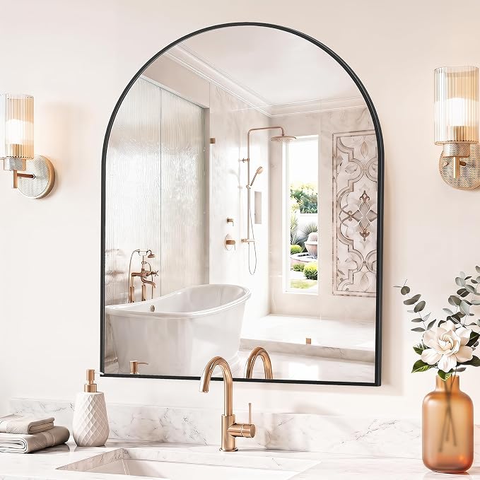 Sweetcrispy 30"x38" Arched Bathroom Mirror, Bathroom Mirrors for Over Sink | Modern Wall Mirrors Arch Decorative for Entryway, Bedroom, Vanity,Horizontal or Vertical Hanging, Black