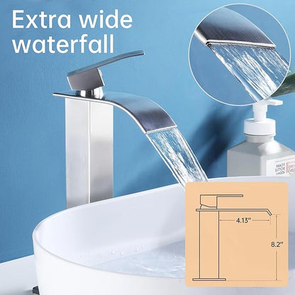 Fransiton Tall Vessel Sink Faucet Brushed Nickel Faucet for Bathroom Sink Tall Waterfall Bathroom Faucet Single Handle 1 or 3 Hole Wash with Pop-up Drain