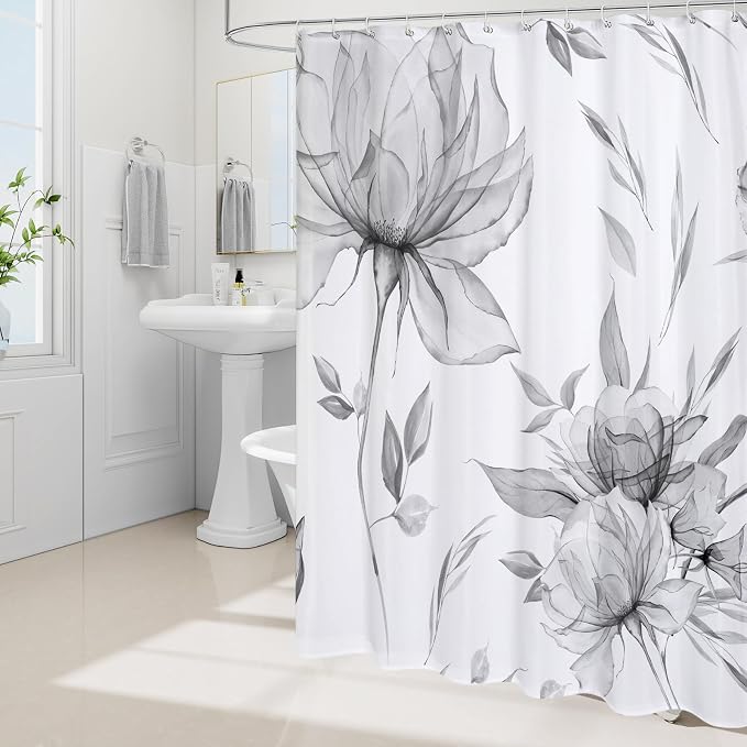 Grey Boho Floral Shower Curtain, Watercolor Botanical Design, 72 x 84 | Boho Floral Design, Watercolor Ink Painting Style, Botanical Flowers & Leaves, Elegant Bathroom Accent, Fabric Cloth Curtain