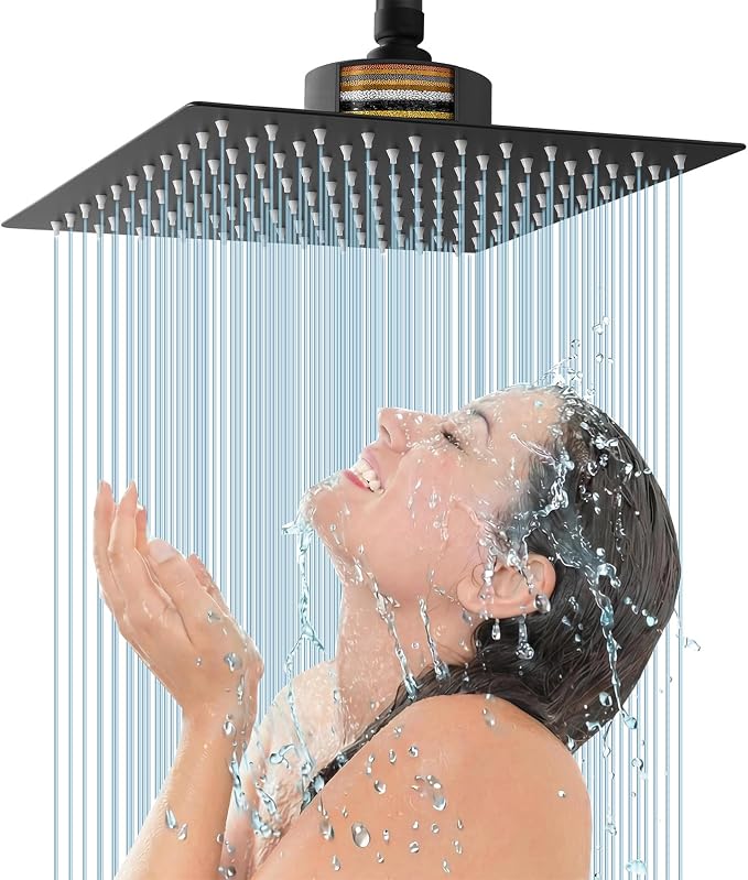 Voolan Rain Shower Head with Filtered - High Flow Bathroom Rainfall Filter Showerhead For Hard Water, Upgraded 304 Stainless Steel Construction (10"Square, Matte Black)