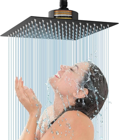 Voolan Rain Shower Head with Filtered - High Flow Bathroom Rainfall Filter Showerhead For Hard Water, Upgraded 304 Stainless Steel Construction (10"Square, Matte Black)
