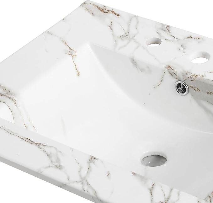 JONATHAN Y SNK1001C Ancillary 3-Hole 24 in. W x 18.25 in. D Classic Contemporary Rectangular Ceramic Single Sink Basin Vanity Top, White Marble Effect