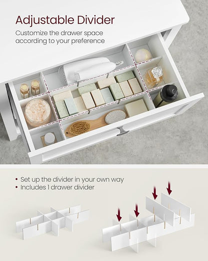 VASAGLE Storage Cabinet, Freestanding Floor Cabinet, 2 Drawers with 1 Set of Adjustable Divider, 2 Baskets, Sideboard, 11.8 x 23.6 x 31.5 Inches, for Bathroom, Living Room, Cloud White UBBC545W02