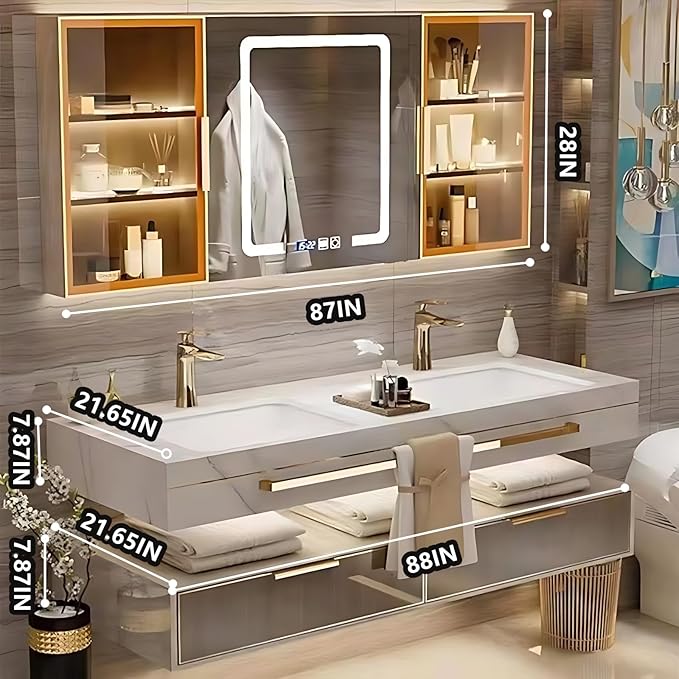Bathroom Vanity with Sink - Single/Double Sink Bathroom Vanity & LED Fog Removal Mirror Cabinet, Modern Design, Wall-Mounted Floating Vanity (Double Sink, 88")
