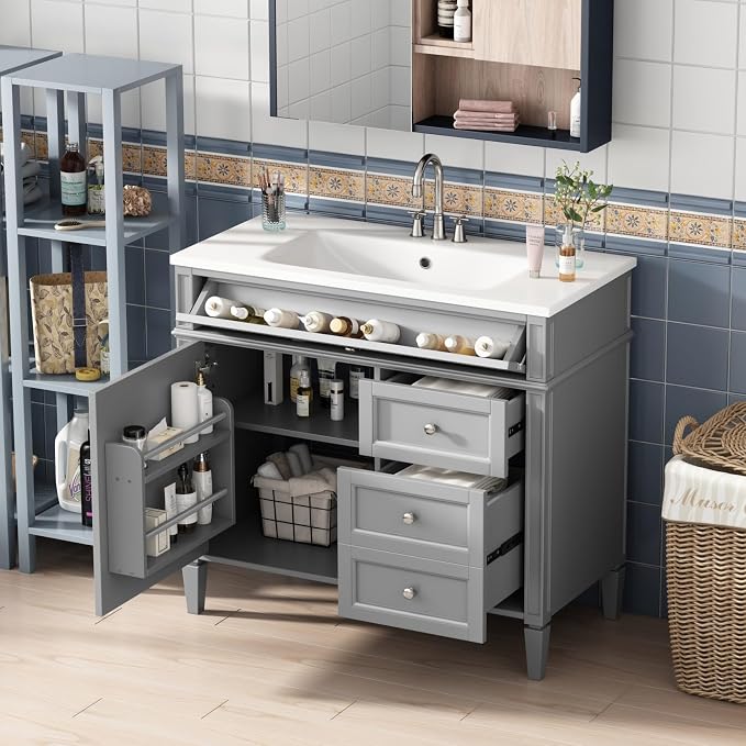 Merax 36'' Bathroom Vanity Without Top Sink, Solid Rubberwood Frame Cabinet | Modern Bathroom Vanity Storage Cabinet with 2 Drawers, Tip-out Drawer, Adjustable Shelf, Soft Closing Doors, Grey