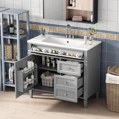 36'' Bathroom Vanity with Top Single Resin Sink Countertop, Solid Wood Frame Modern Storage Cabinet, Tip-Out Drawer, Soft Closing Doors, Grey
