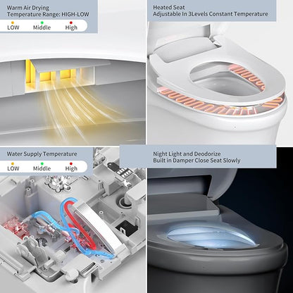 Bidet Toilet Seat Elongated, Unlimited Warm Water, Heated Toilet Seat, Warm Air Dryer, Rear and Front Washing, Soft Closed Toilet Lid, Night Light, Requires Outlet,white