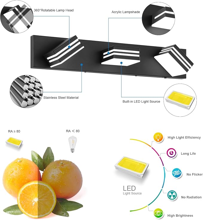 LED Modern Bathroom Vanity Light Fixtures (3-Light, 24-Inch)(5CCT, Dimmable), Matte Black Modern Bathroom Wall Lighting Fixtures Over Mirror (3000K/3500K/4000K/5000K/6000K)