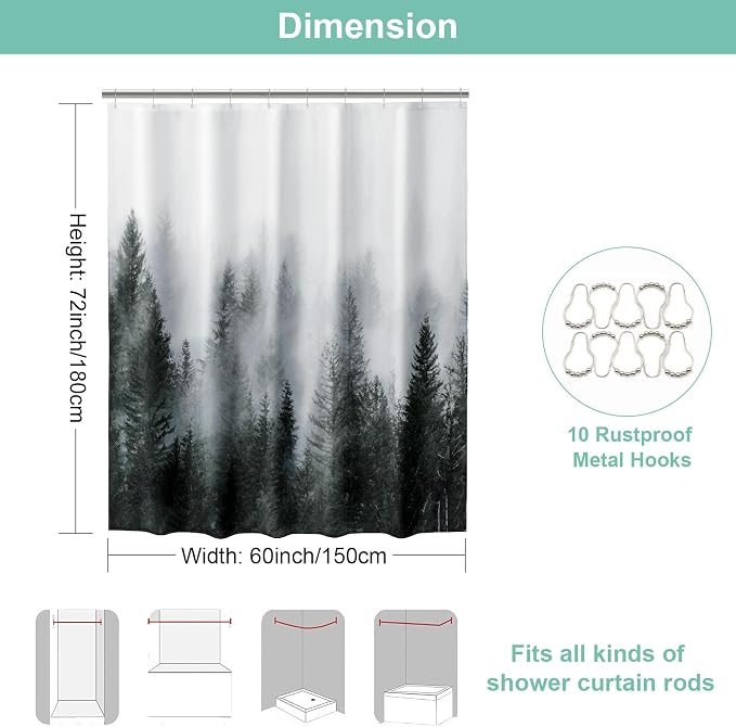 ORTIGIA 60x72 Misty Forest Stall Shower Curtain for Small Bathroom, Dark Green Narrow Nature Woodland Shower Curtain Set with Hooks, Waterproof Fabric Pine Tree Fog Magic Home Bath Curtain
