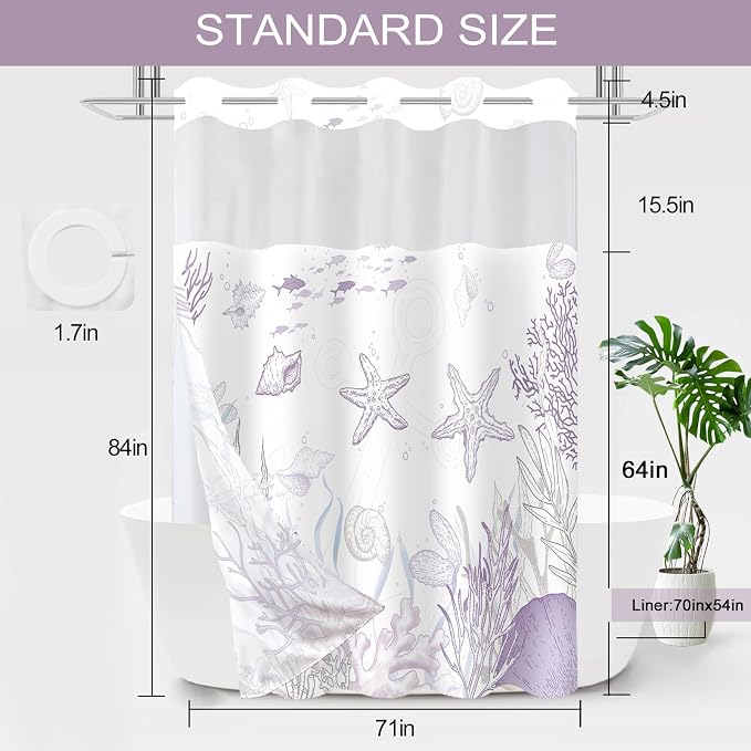 No Hook Shower Curtain and Liner Set, Purple Beach Coastal 71x84 | Nautical Ocean for Bathroom, with Snap in Liner Replacement, Mesh Top Window, Waterproof, Machine Washable, Quick-Drying
