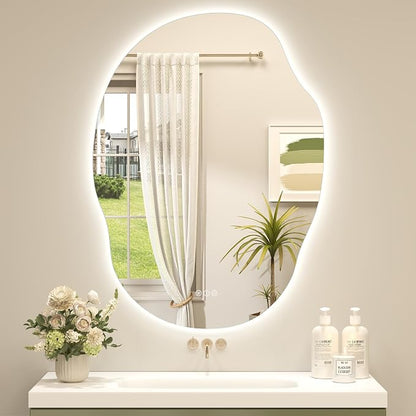 OKPAL Backlit Irregular LED Bathroom Mirror with Lights 26x36, Asymmetrical Leaf-Shaped Lighted Vanity Mirror for Wall, Anit-Fog, Dimmable, Memory, Shatterproof, UL (Horizontal/Vertical)