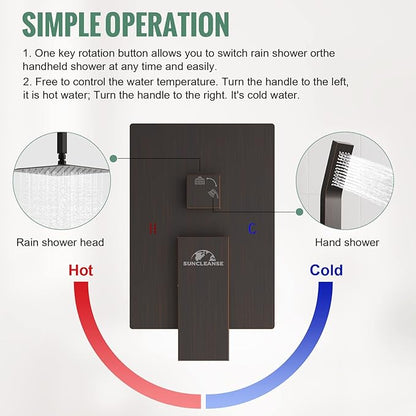 SunCleanse Rainfall Shower System Oil Rubbed Bronze Shower Faucet Combo Set with High Pressure 12 Inches Square Rain Shower Head, Handheld and Shower Faucet Rough-in Mixer Valve and Trim