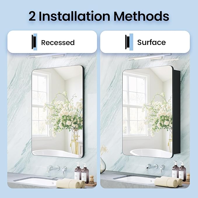 Black Medicine Cabinet with Mirror 16x20 Inch, Small Bathroom Wall Cabinet with Storage, Modern Matte Finish, 6 Adjustable Glass Shelves, Silent Soft Close, Rust Proof Aluminum Organizer