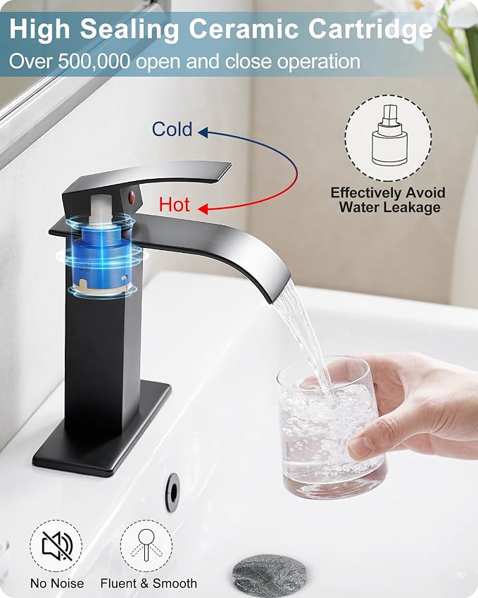 Matte Black Bathroom Faucet 1 Hole or 3 Hole (4 Inch), Brass Waterfall Faucet for Bathroom Sink, Modern Bathroom Faucets Single Handle with Deck Plate & Pop-up Drain Supply Hoses No Noise