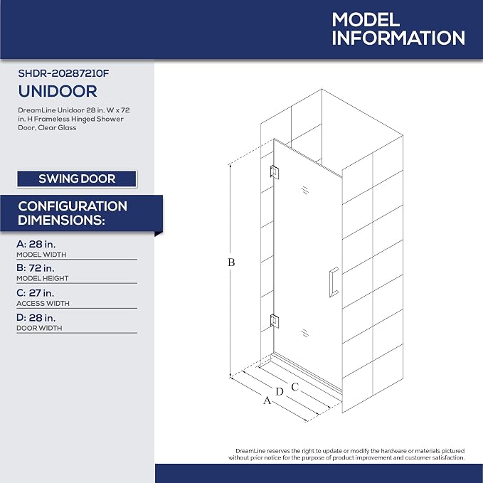 DreamLine Unidoor 28 in. W x 72 in. H Frameless Hinged Shower Door in Brushed Nickel, SHDR-20287210F-04