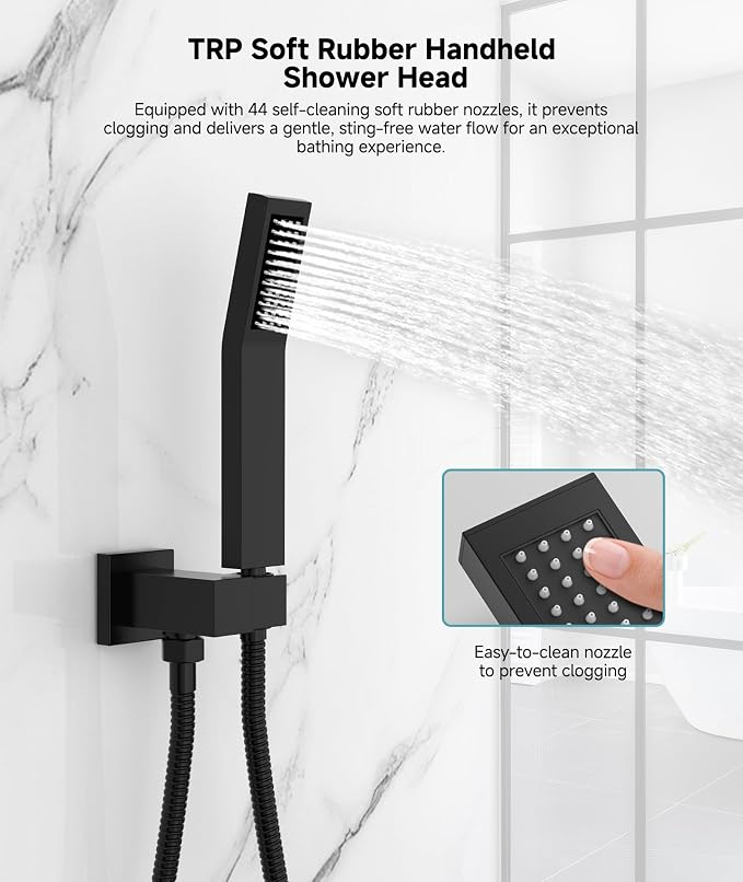 SR SUN RISE Shower System 10 Inch Rainfall Brass Valve Trim Kit Black | Wall-Mounted Rainfall Shower Set with Valve, Pressure Balance for Stable Temp, 304 Steel, Lead-Free Waterway, Leak-Resistant
