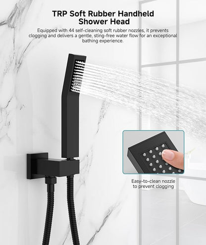SR SUN RISE Shower System 10 Inch Rainfall Brass Valve Trim Kit Black | Wall-Mounted Rainfall Shower Set with Valve, Pressure Balance for Stable Temp, 304 Steel, Lead-Free Waterway, Leak-Resistant