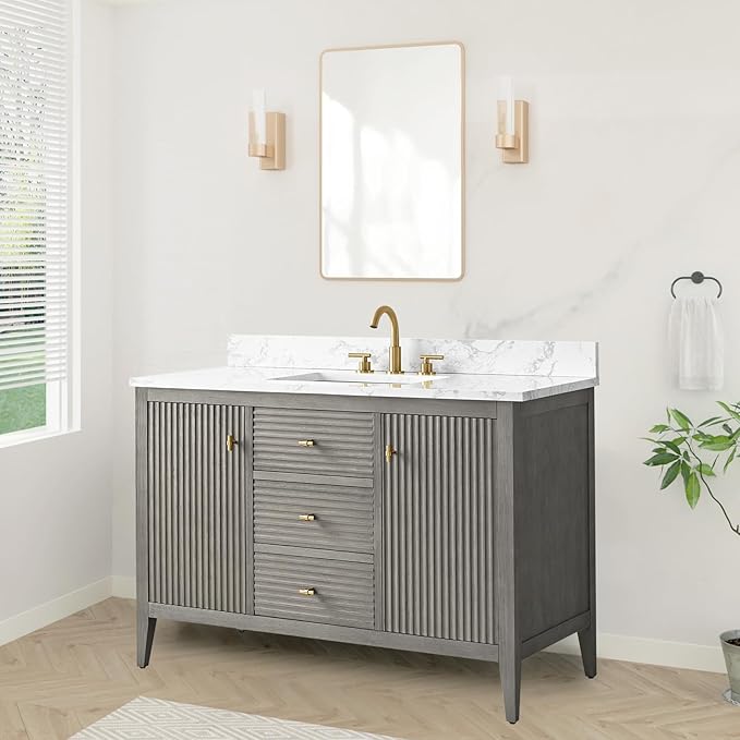 HOMEBEYOND 48" Bathroom Vanity with Sink, Solid Wood Bathroom Vanity Free-Standing Cabinet, Drawers, Ceramic Top & Soft Closing Door, Golden Brushed Handware, Driftwood Gray