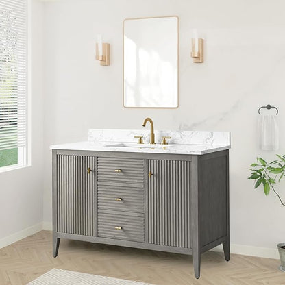 HOMEBEYOND 48" Bathroom Vanity with Sink, Solid Wood Bathroom Vanity Free-Standing Cabinet, Drawers, Ceramic Top & Soft Closing Door, Golden Brushed Handware, Driftwood Gray