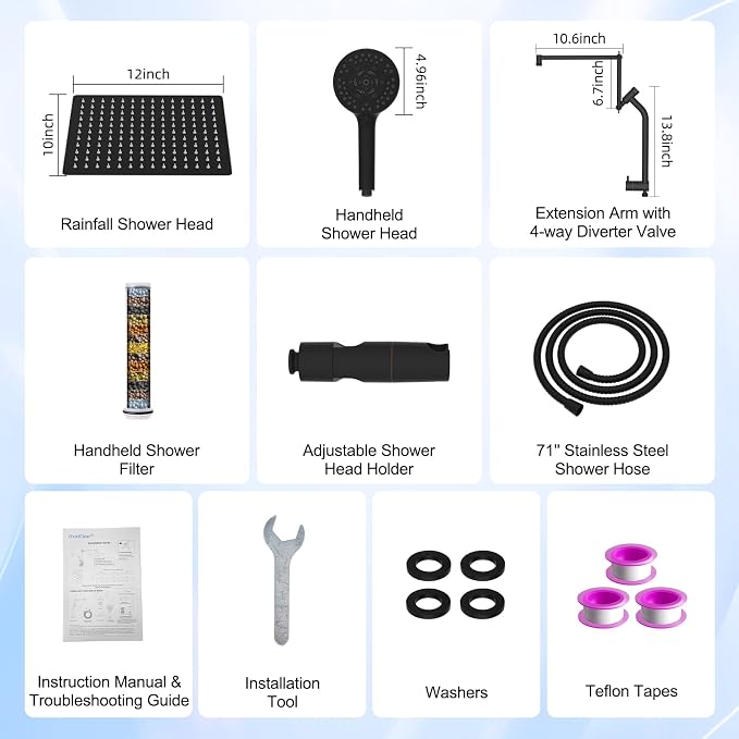 12" Metal Rain Shower Head with Handheld, 10-Mode with Filter, Easy Reach | Oil Rubbed Bronze, High-Pressure Rainfall Showerhead, 4-Way Diverter Pause Mode, Adjustable 16" Extension Arm/71" Hose/Holder