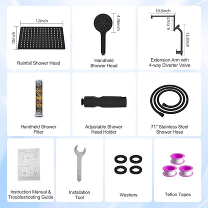 12" Metal Rain Shower Head with Handheld, 10-Mode with Filter, Easy Reach | Oil Rubbed Bronze, High-Pressure Rainfall Showerhead, 4-Way Diverter Pause Mode, Adjustable 16" Extension Arm/71" Hose/Holder
