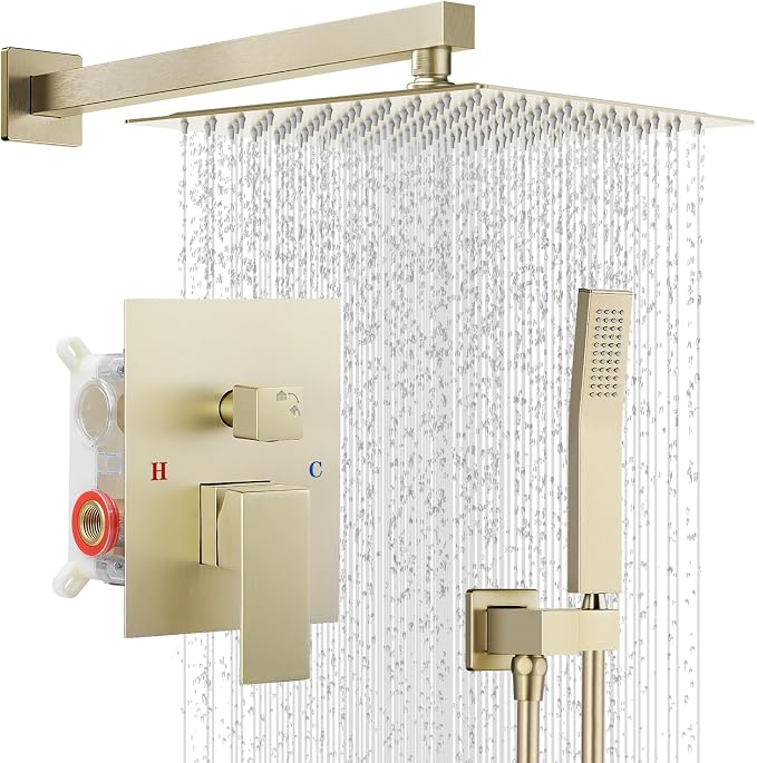 10" Square Rain Shower Faucet Set, Wall Mount, Brush Gold | 304 SS , air tech boosts pressure 50%, dual spray, anti-fingerprint
