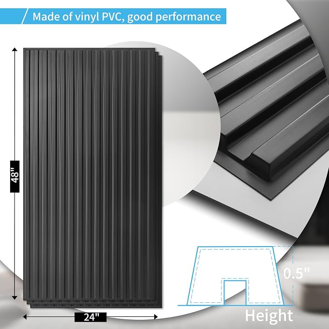 Art3d 6-Pack Slat Design 3D Wall Panels for Interior Wall Decor, 2x4 FT PVC Decorative Drop Ceiling Tiles - Black | 24" x 48" , Lightweight, Break-Proof, Compatible with Grid System, Ideal for Home, Commercial Spaces