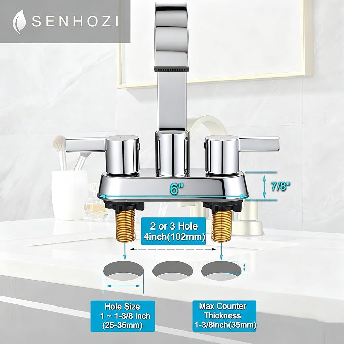 Bathroom Sink Faucet 3 Hole Chrome, 4 Inch Centerset | 360 Degree Swivel Waterfall Spout, Stainless Steel Bathroom Faucet for Sink 3 Hole, with Pop Up Drain, Chrome Bathroom Faucet