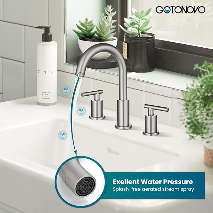 gotonovo 3 Hole 2 Handles Lavatory Basin Bathroom Sink Faucet with Pop Up Drain with Hot and Cold Mixer Valves 8 Inch Widespread Bathroom Faucet Brushed Nickel