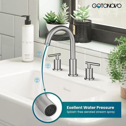 gotonovo 3 Hole 2 Handles Lavatory Basin Bathroom Sink Faucet with Pop Up Drain with Hot and Cold Mixer Valves 8 Inch Widespread Bathroom Faucet Brushed Nickel