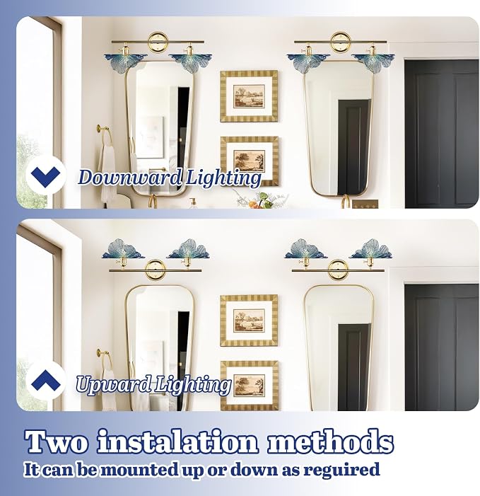 2 Light Vintage Wall Sconces with Glass Shades,Vanity Light,Bathroom Light,Wall Lighting Fixture for Mirror,Home Decor Art Wall Light (Golden+Blue, 2-Lights)
