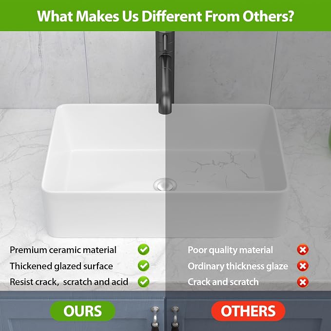 Vessel Sink Rectangle 21"x13" White Rectangular Bathroom Sink | Rectangular Bathroom Sink