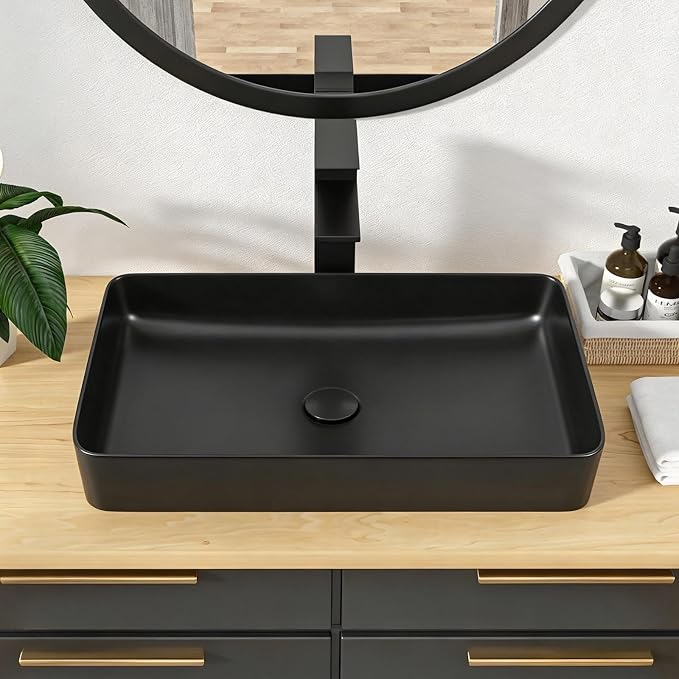 Vessel Sink Rectangle- 24"x14" Modern Rectangular Top Counter Bathroom Sink Matte Black Porcelain Ceramic Lavatory Sink Bowl Art Basin
