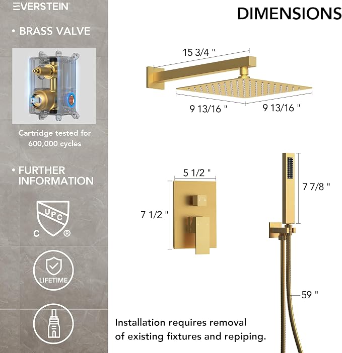 10" High-Pressure Rainfall Shower System with Handheld Spray, Wall Mount Bathroom Shower Faucet Set with Valve (Brushed Gold)