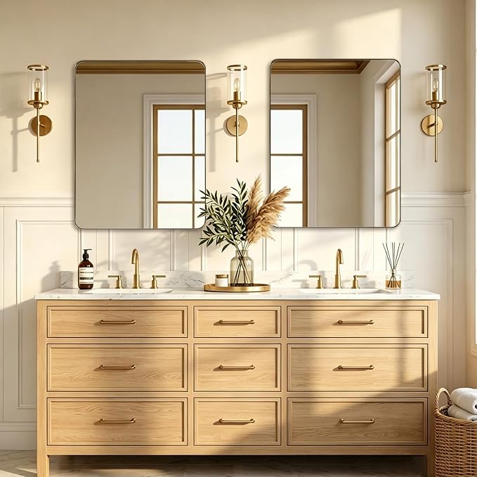 Gold Bathroom Mirrors for Over Sink, 24x32 Inch Brushed Gold Wall Mirror, Rectangular Metal Framed Vanity Mirror -Modern Clean Design with Superior Stainless Steel Frame