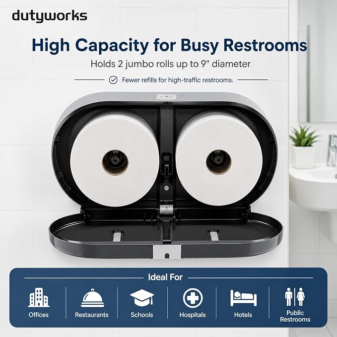 Commercial Jumbo Toilet Paper Dispenser Wall Mount | Holds 2 Rolls up to 9 in, Lockable, Visible Window, Sliding Divider, No-Drill Installation, Heavy Duty ABS
