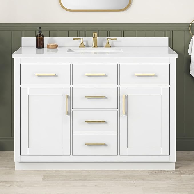OVE Decors Bailey 48 in. Single Sink Freestanding White Bathroom Vanity with White Quartz Top, Matching Backsplash, Power Bar and Brushed Gold Hardware