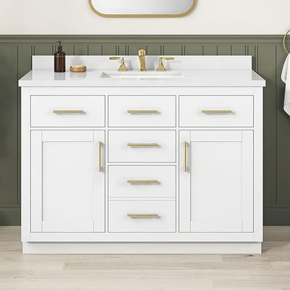 OVE Decors Bailey 48 in. Single Sink Freestanding White Bathroom Vanity with White Quartz Top, Matching Backsplash, Power Bar and Brushed Gold Hardware