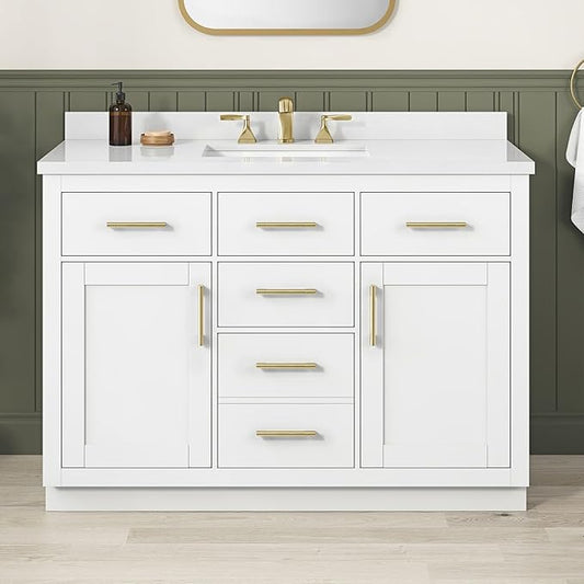 OVE Decors Bailey 48 in. Single Sink Freestanding White Bathroom Vanity with White Quartz Top, Matching Backsplash, Power Bar and Brushed Gold Hardware