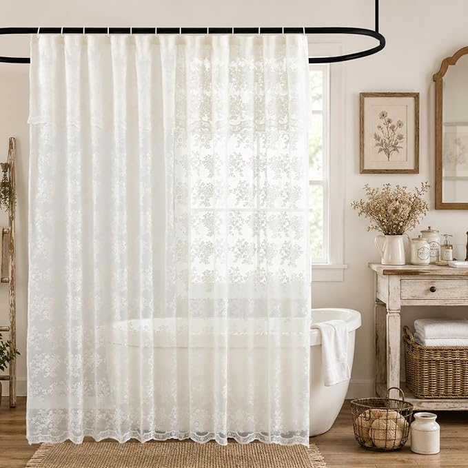 TUDECO Ivory Lace Shower Curtain with Valance, 72 x 72, Vintage Style, | Sheer Floral, Antique Bathroom Decor, Scalloped Bottom, Soft Light Filtering, Gentle Privacy, Reinforced Holes