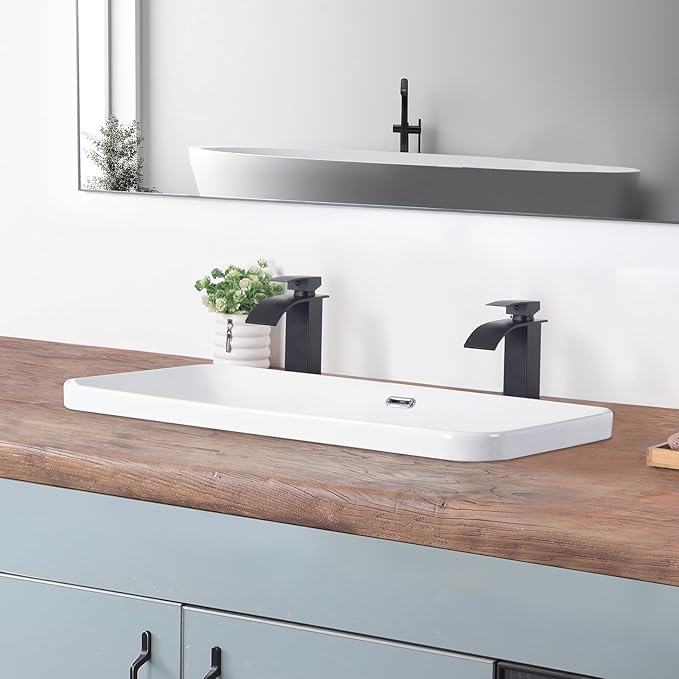 Bathroom Vessel Sink 31.5" X 16.5" Semi Recessed Bathroom Sink Rectangular Drop In Bathroom Sinks with Overflow White Ceramic Vessel Sinks for Bathroom Modern Above Counter Basin Vanity Sink