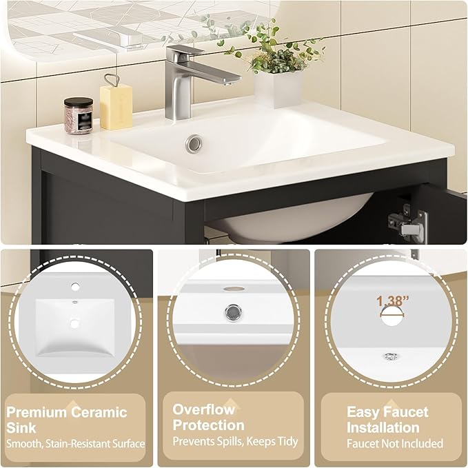 20" Freestanding Bathroom Vanity with Sink, Floor Stand Bathroom Storage Cabinet with Ceramic Sink, Door with Double-Layered Storage Shelves, Modern Compact Vanity with Divided Drawer, Black